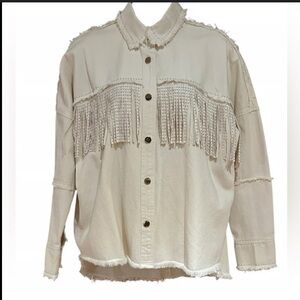 Cézele-ivory denim jacket, w/fringe & stud-details